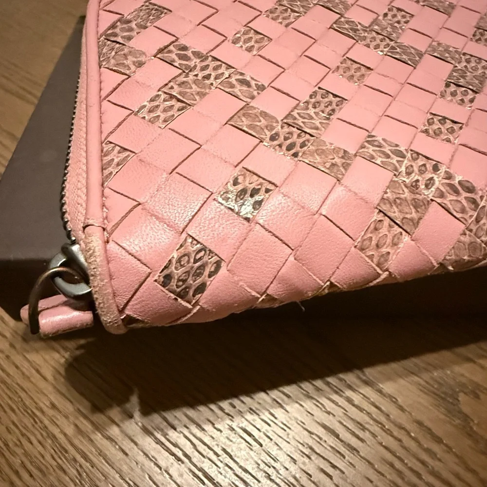 Bottega Veneta Pink and Brown Intrecciato Zip Wallet